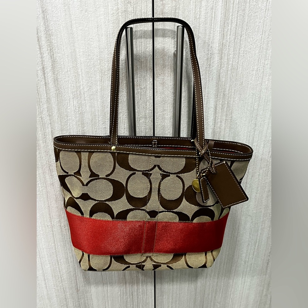 Coach Brown Signature Canvas Tote with Red Leather Band